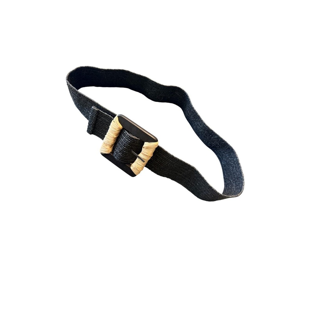 Black Raffia Belt Square Buckle Natural Straw trop Boho safari Summer OSFM